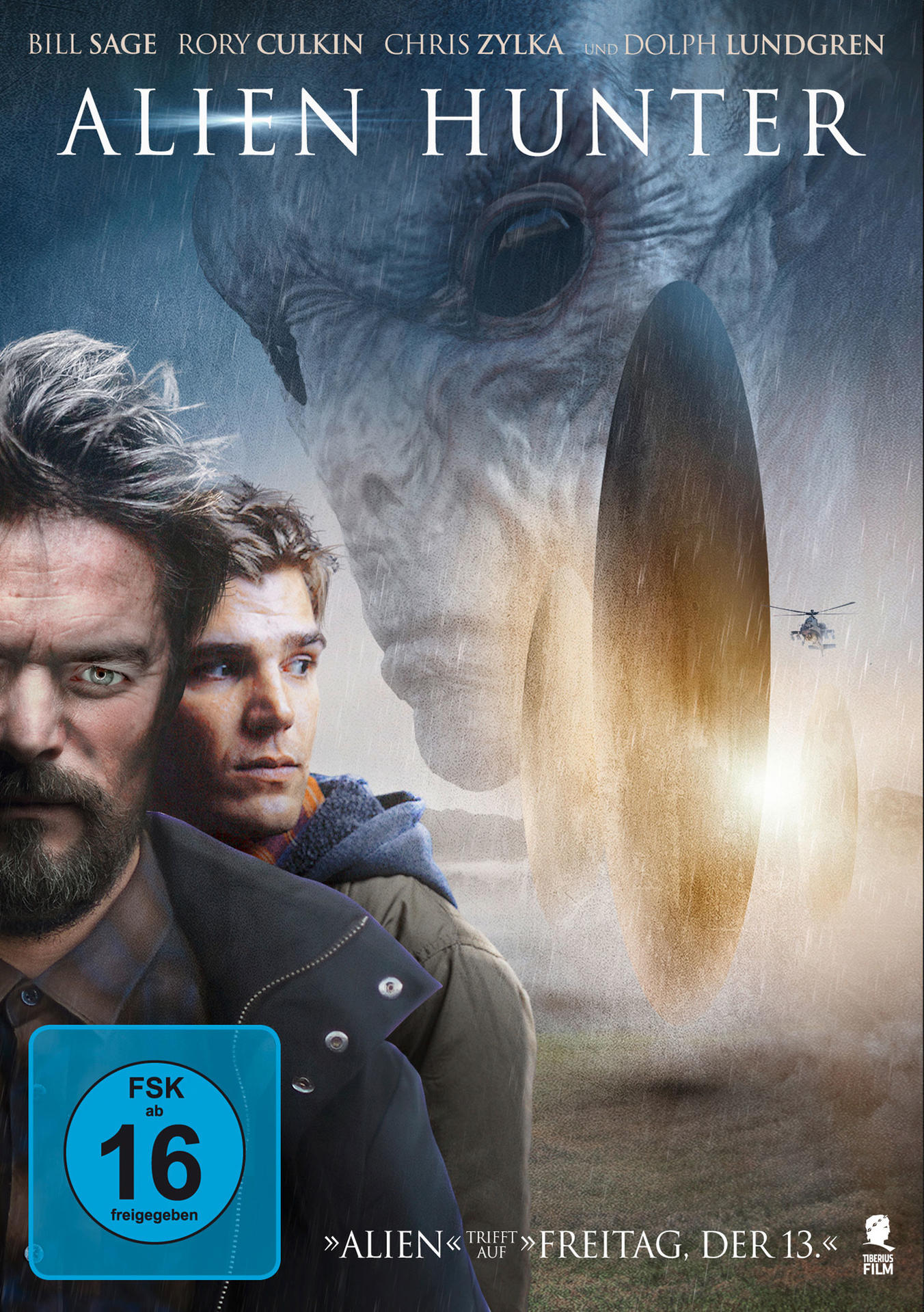 Filmplakat für Alien Hunter. Enthält Schauspieler und eine außerirdische Figur vor einem regendurchfluteten Hintergrund. Inklusive Altersfreigabe und Filmdetails.