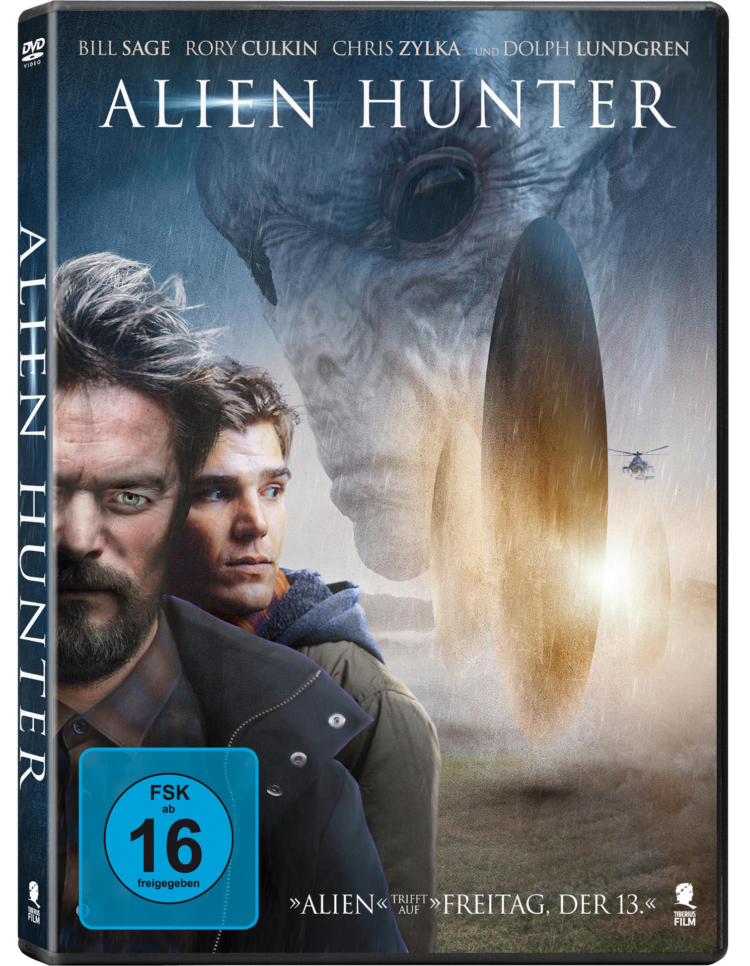 DVD-Cover, 'Alien Hunter', mit Schauspielern und einem Alien-Design auf bewölktem Hintergrund.