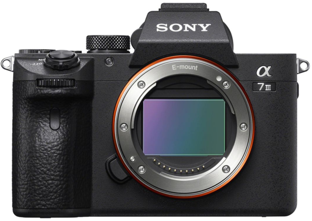 Black Sony camera. It has a lens, a central display, and orange accents. The brand name is Sony.