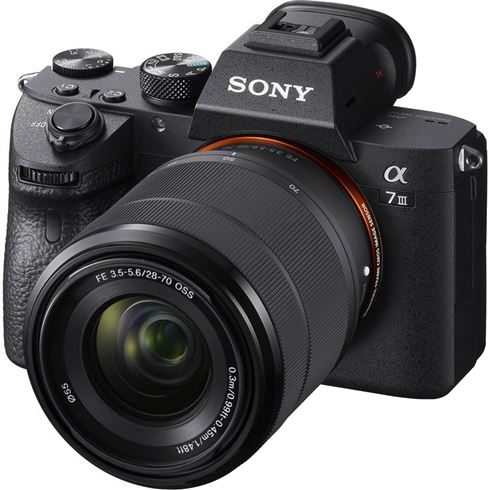 Black Sony camera with lens. Has a red ring around the lens.