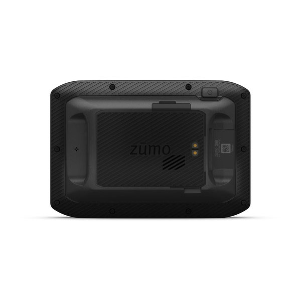 Dispositivo GPS Garmin Zumo nero, vista posteriore, con pulsanti e porta di ricarica.