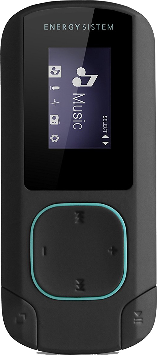 Egy fekete Energy Sistem MP3-lejátszó, amely egy képernyőn zenét és vezérlőket jelenít meg.