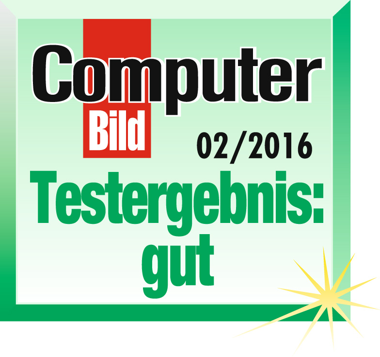 Ein grünes Rechteck mit Text. Es steht 'Computer Bild' und 'gut' mit dem Datum 02/2016.
