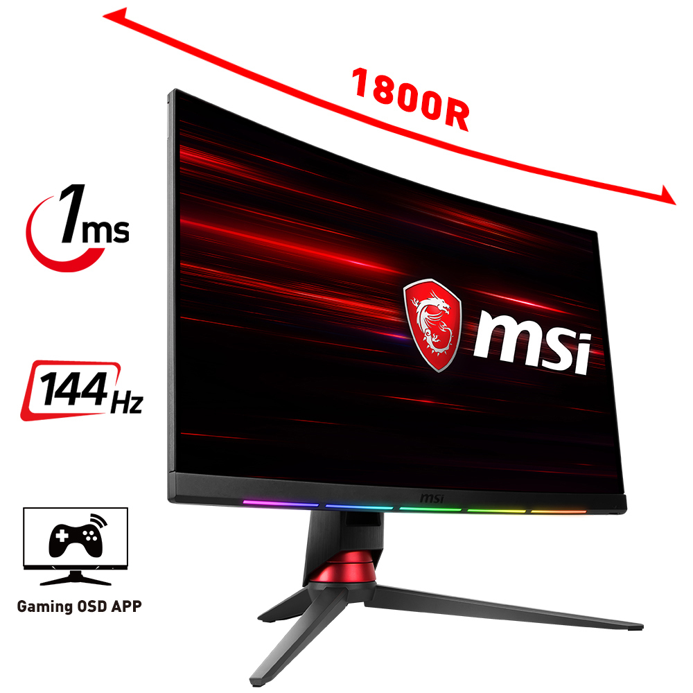 MSI Curved Gaming Monitor Optix MPG27CQ 27 Zoll WQHD 27 Zoll Gaming Monitor, WQHD, 1 ms Reaktionszeit, 250 cd/m², 144 Hz, Schwarz