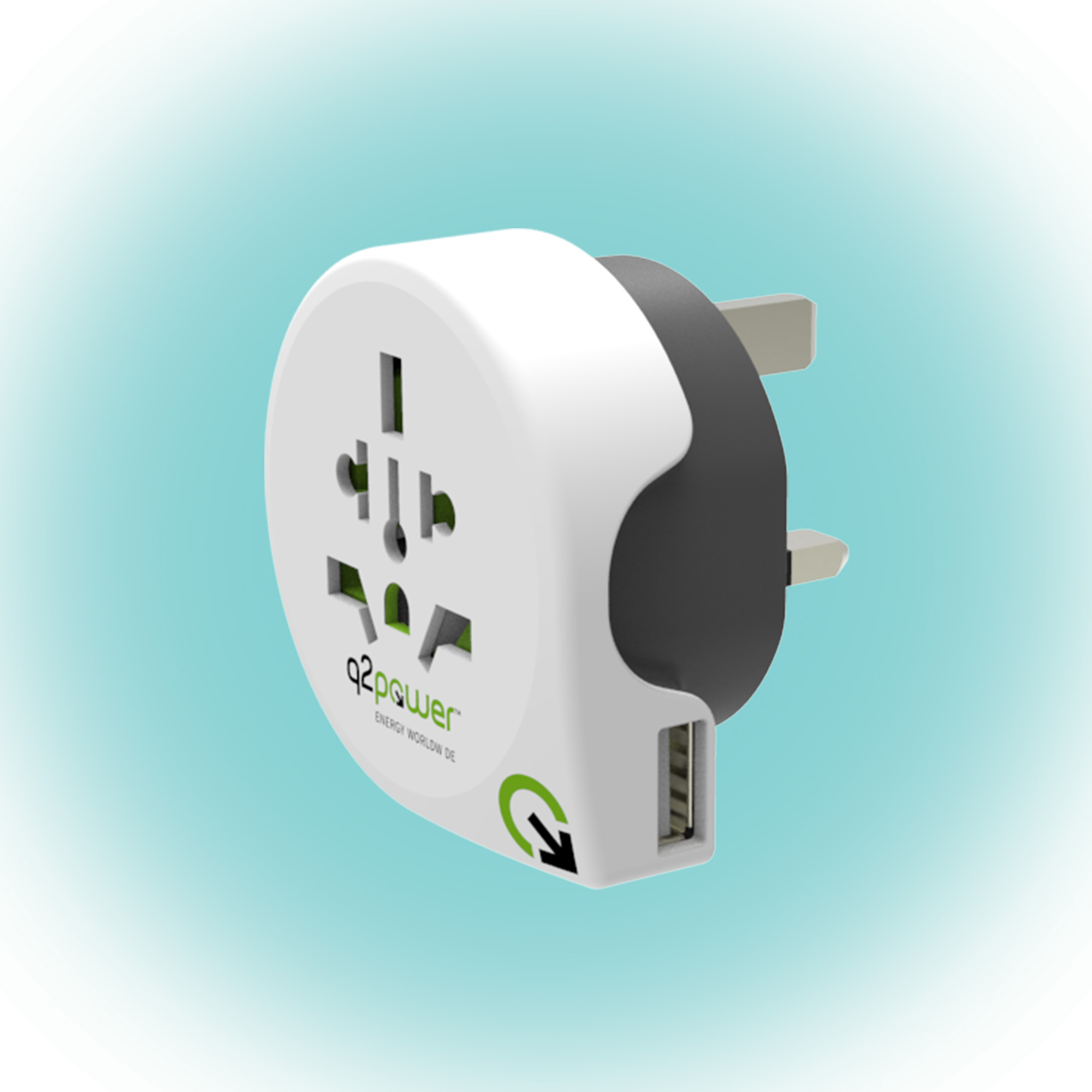 Fehér és fekete hálózati adapter USB porttal, türkiz háttéren.