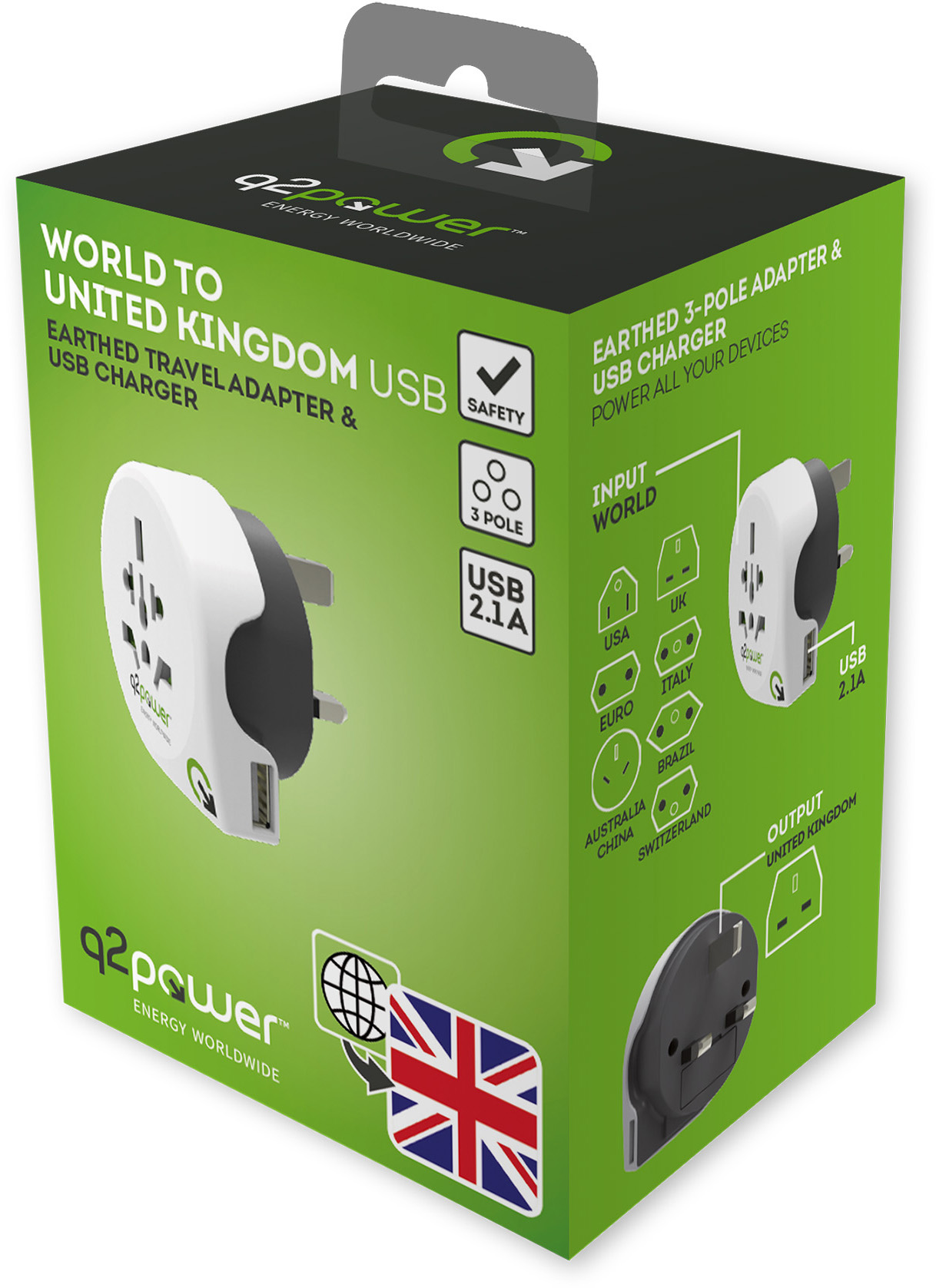 Doboz világutazó adapterrel és USB töltővel, UK dugó, zöld háttér.