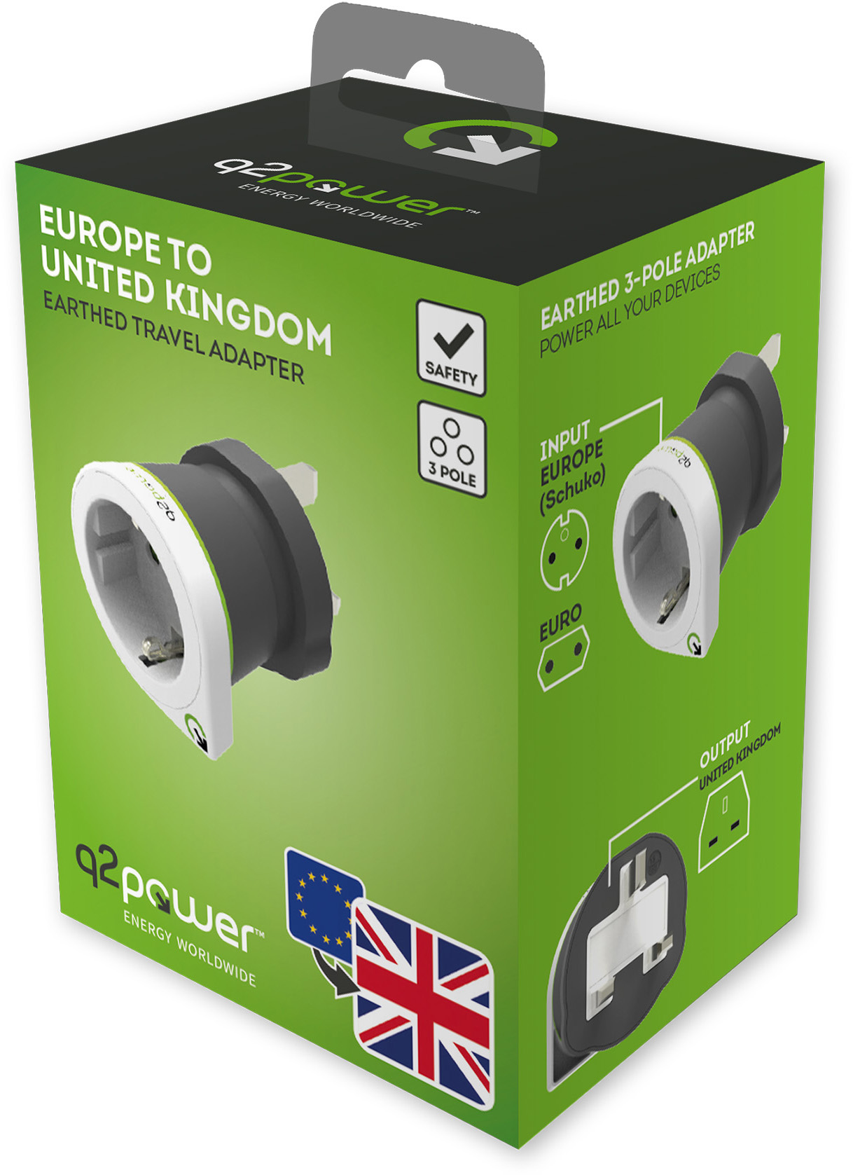 Zöld-fehér utazó adapter doboza. Két adaptert, valamint az Egyesült Királyság és az EU zászlóit mutatja.