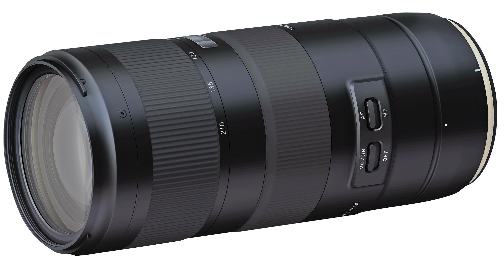 Een zwarte cameralens met markeringen, draaiknoppen en schakelaars. De lens is cilindrisch met een glazen voorkant.