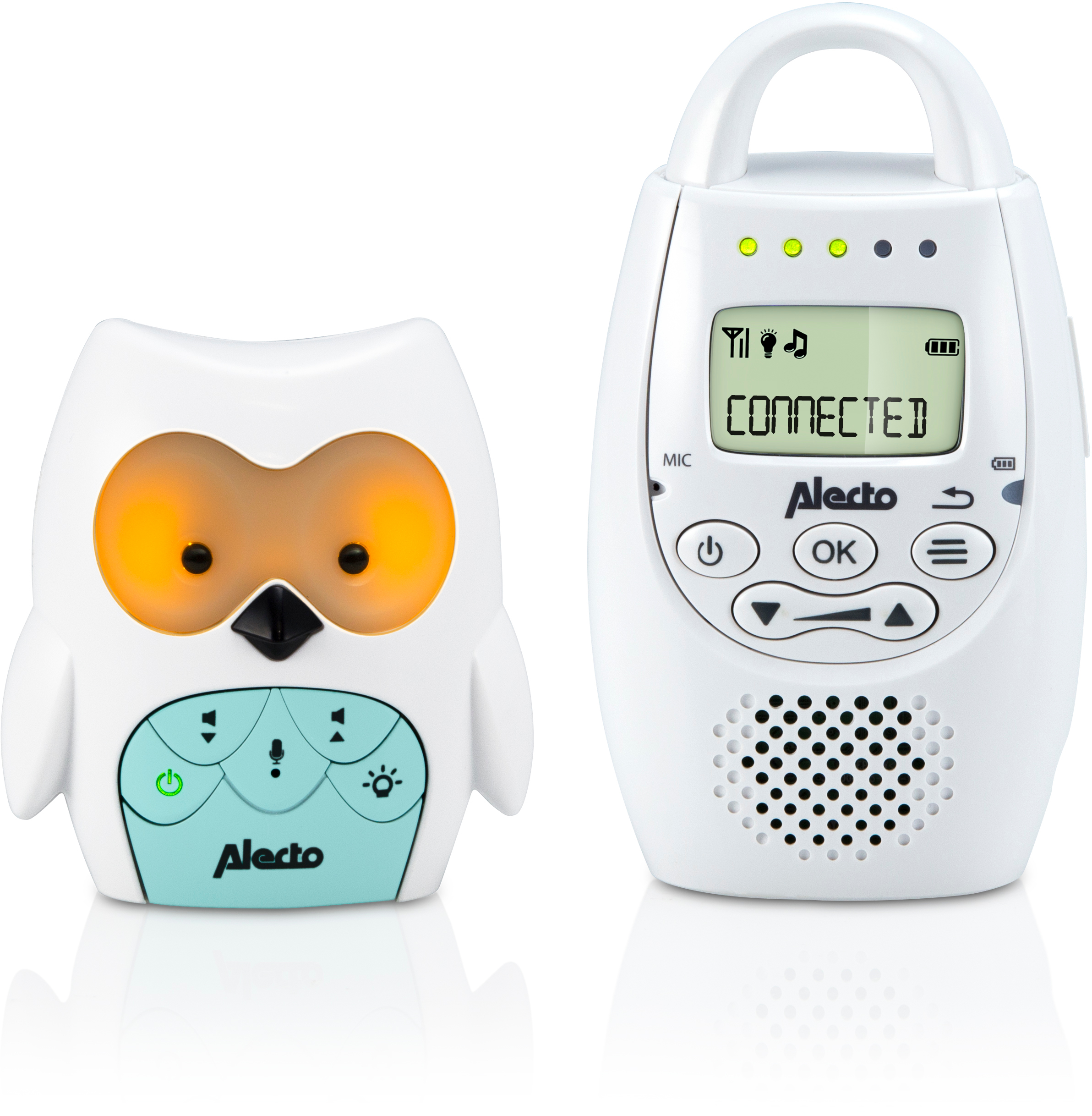 Moniteur bébé blanc en forme de hibou et un récepteur. L'écran du récepteur affiche "CONNECTÉ".