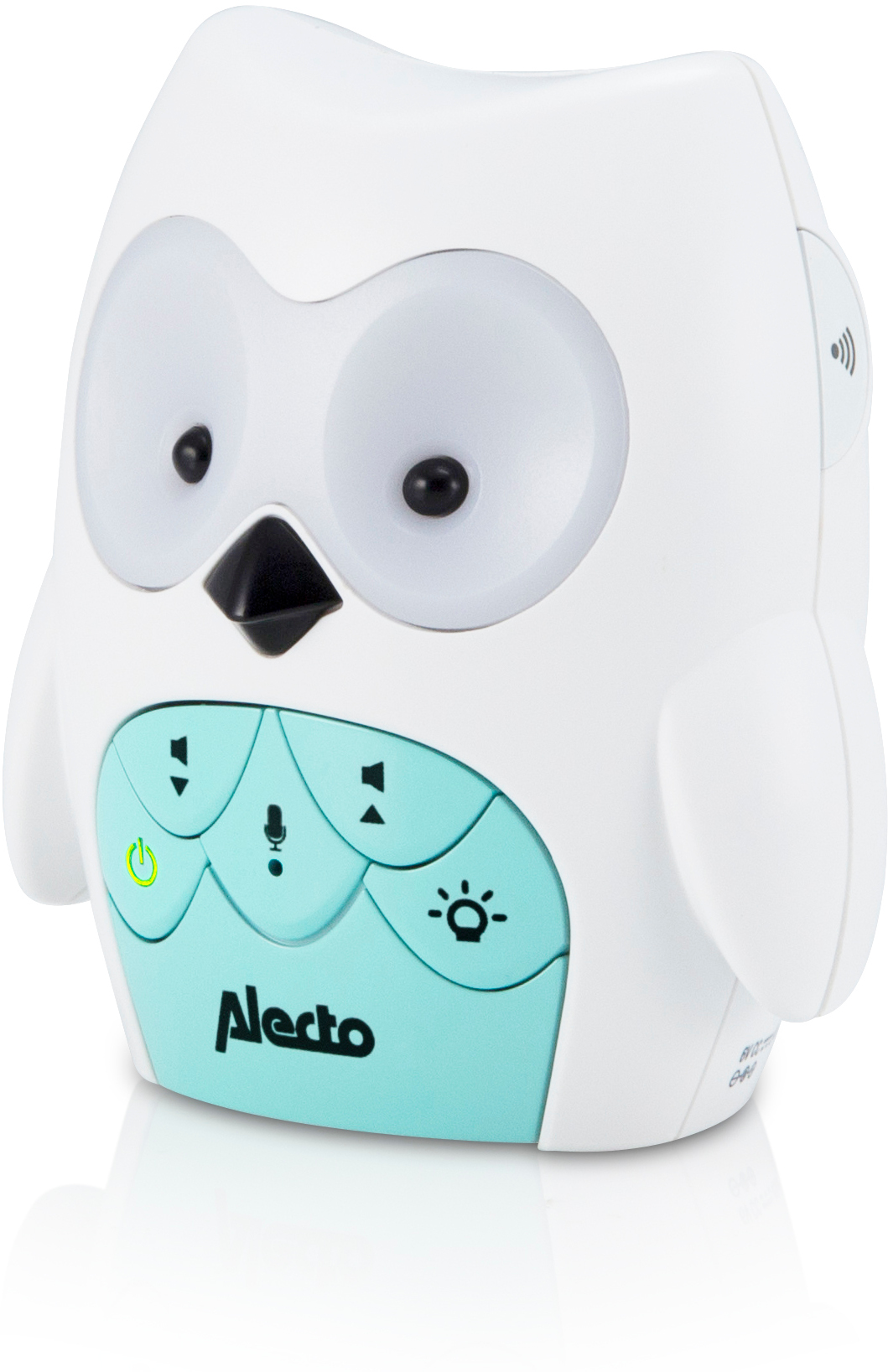 Babyphone blanc en forme de hibou, avec boutons et écran, sur une surface blanche.
