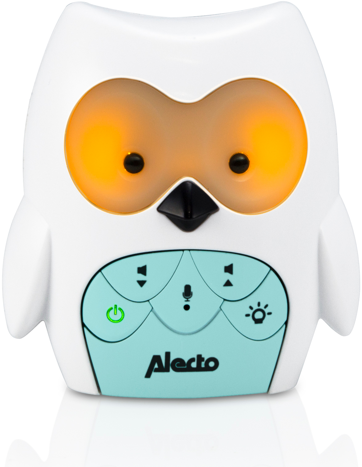 Babyphone blanc en forme de hibou avec des yeux oranges, un panneau de commande turquoise et le logo Alecto.