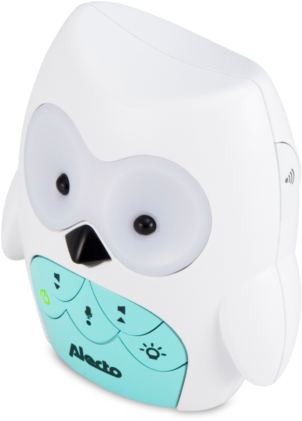 Un babyphone blanc en forme de hibou avec des boutons sarcelle et deux grandes lumières oculaires.