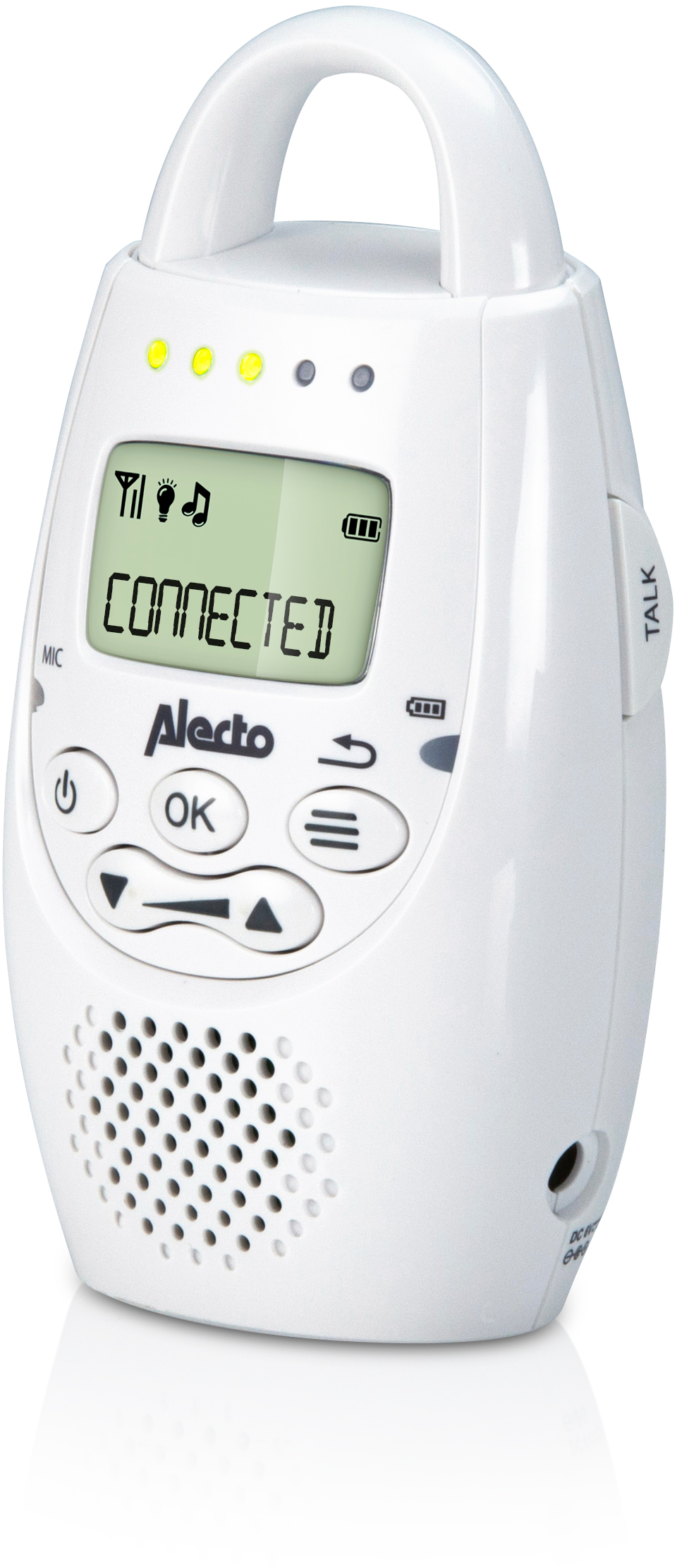 Babyphone Alecto blanc avec écran LCD, boutons et poignée. Affiche 'CONNECTED'.