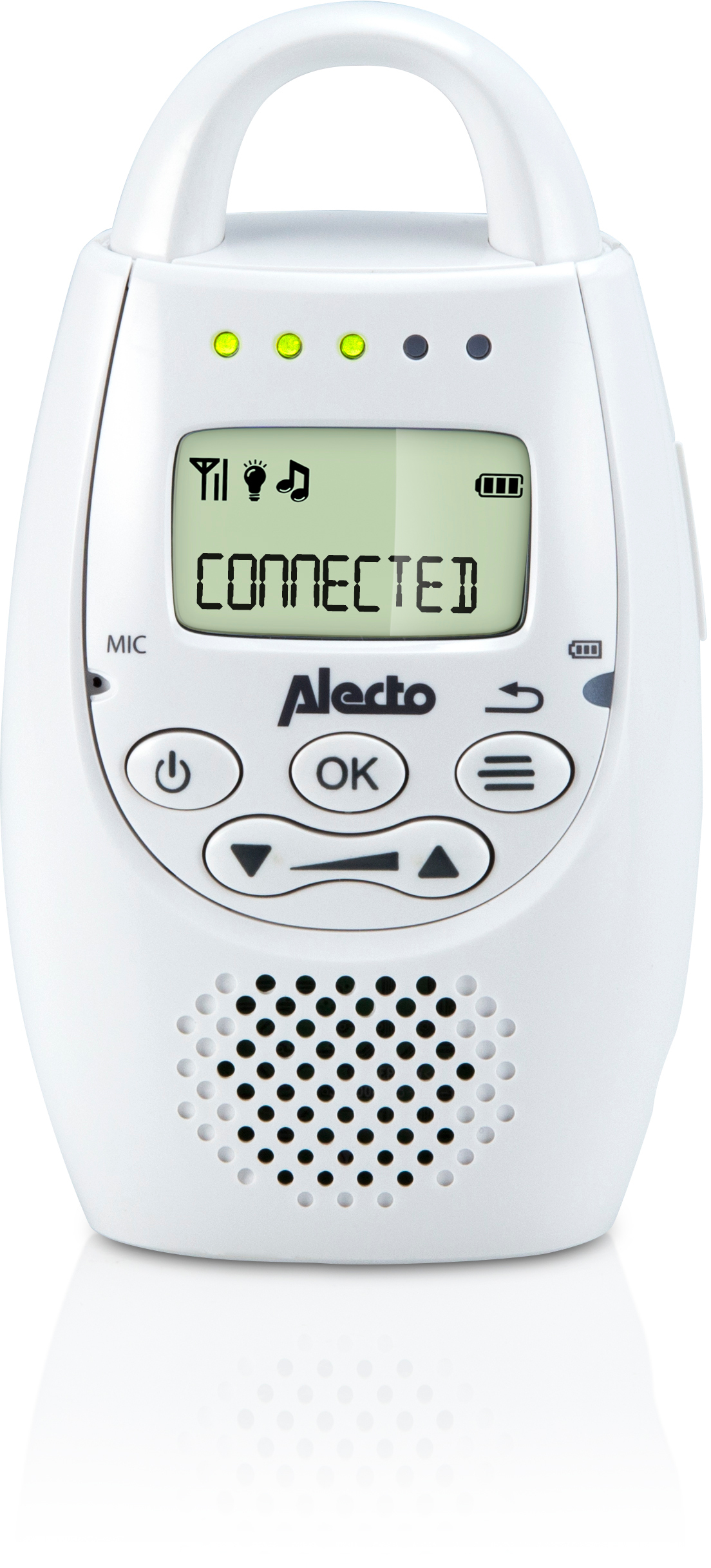 Un babyphone blanc avec écran affichant 'CONNECTED' et des boutons.