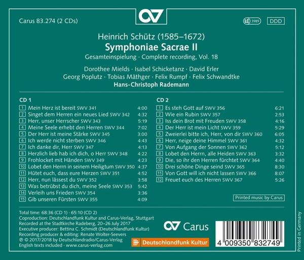 CD-Cover mit Titelliste, deutschem Text und dem Titel "Symphoniae Sacrae II".