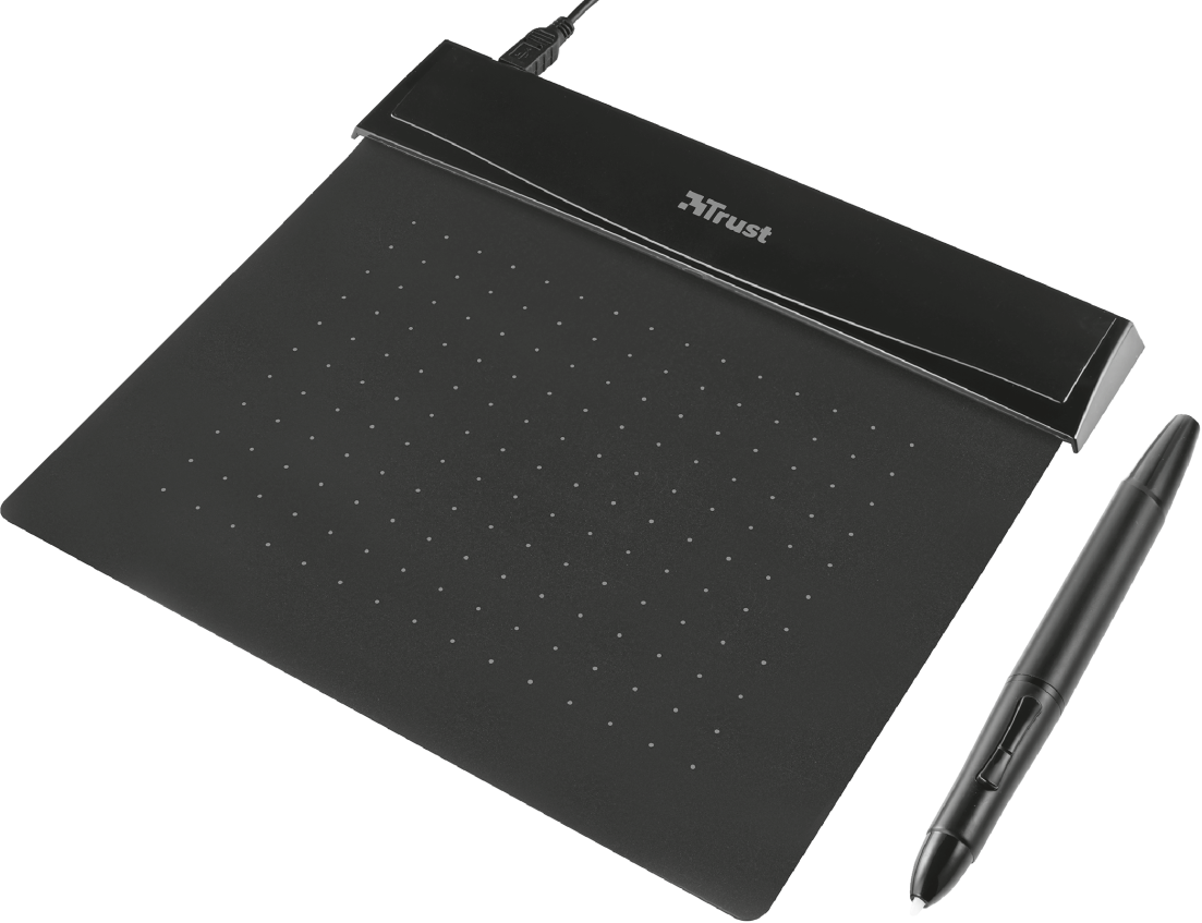 A black Trust drawing tablet and stylus, arranged on a black background.
