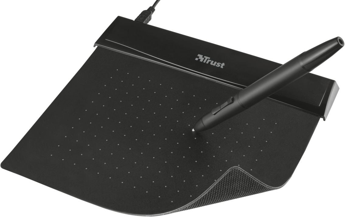 Black Trust graphics tablet with stylus. Stylus tip touching the tablet. USB cable connected. Black background.