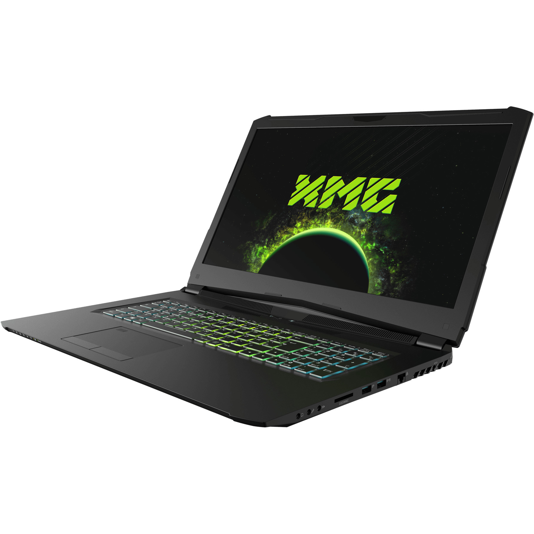 Ein schwarzer Gaming-Laptop mit grün hinterleuchteter Tastatur und einem Bildschirm, der einen grünen Planeten zeigt.