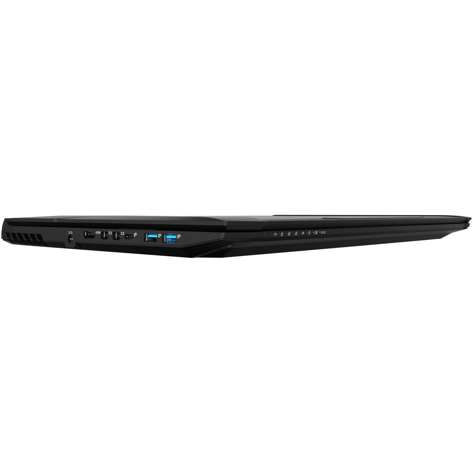 Schwarzer Laptop von der Seite. Es hat Anschlüsse und ein schlankes Design. Weißer Hintergrund.