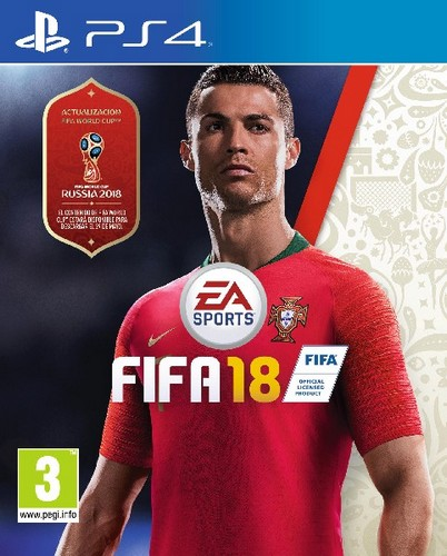 Portada del juego FIFA 18 PS4 con Cristiano Ronaldo con camiseta roja, detalles y logos del juego.