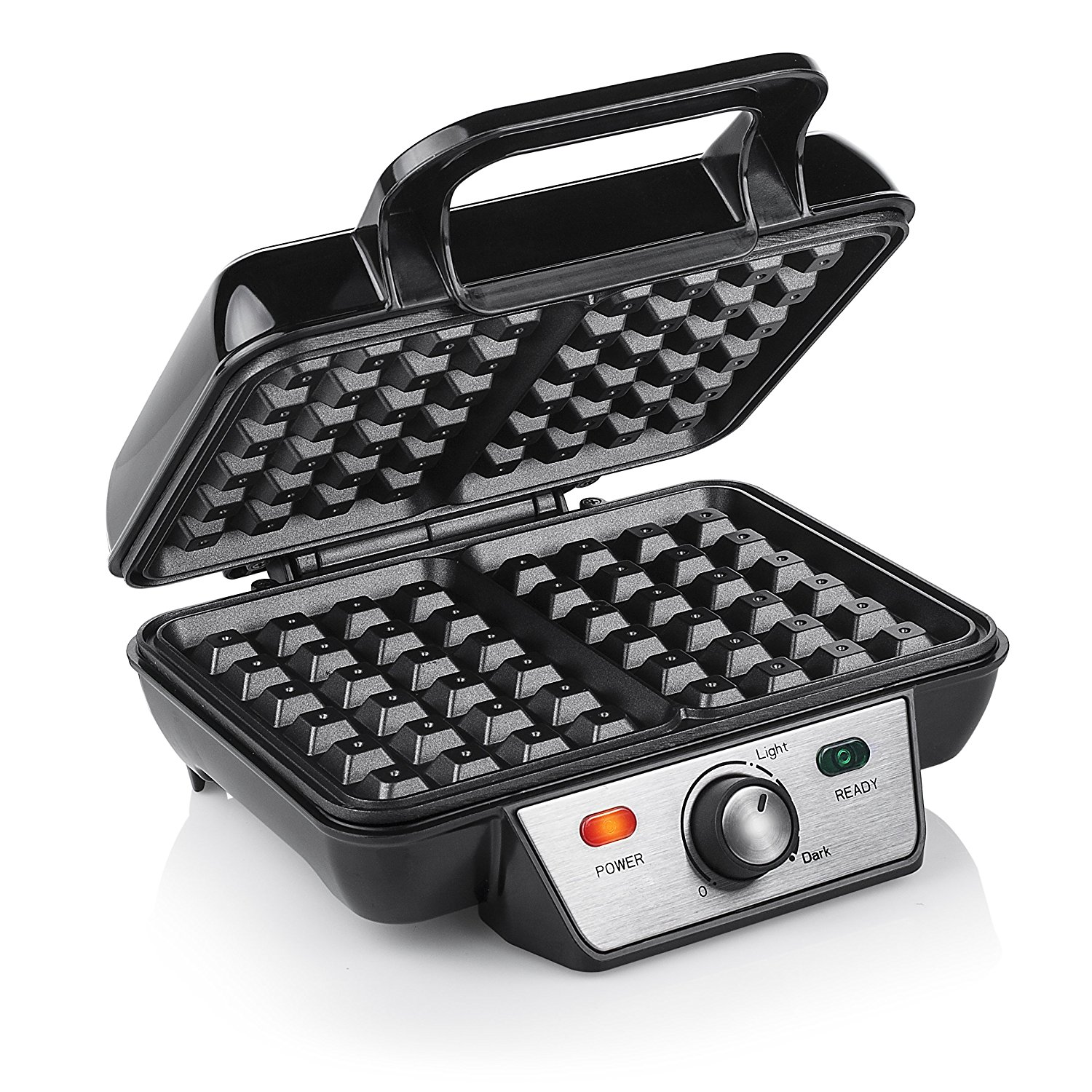 Black waffle maker. Open, showing waffle grids. Silver control panel with power and ready lights.