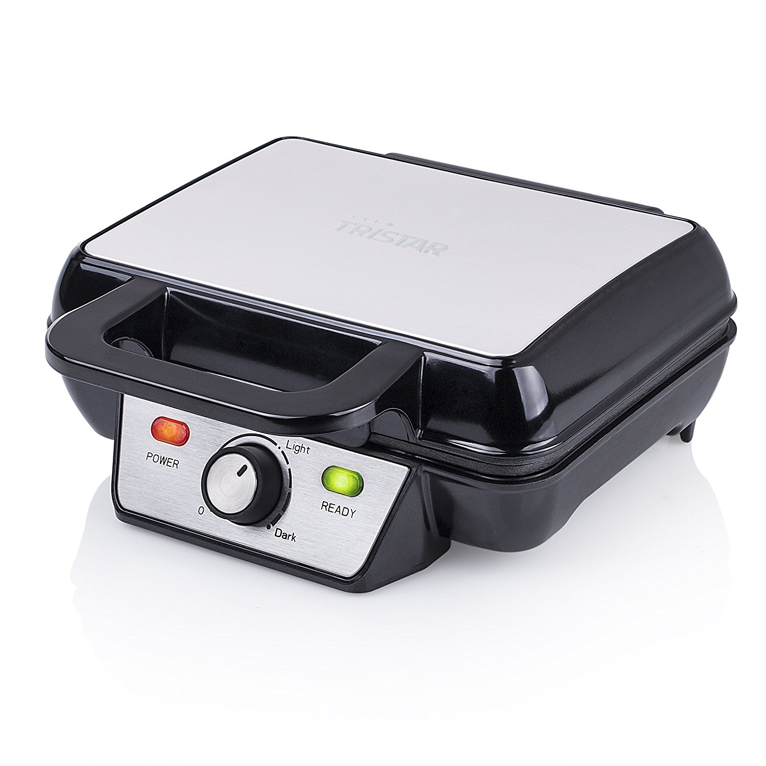 A black and silver waffle maker, with power and ready lights, and a dial.
