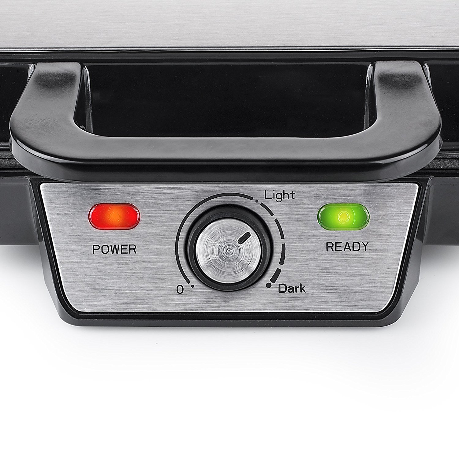 A control panel of a waffle maker with power and ready indicator lights and a dial.