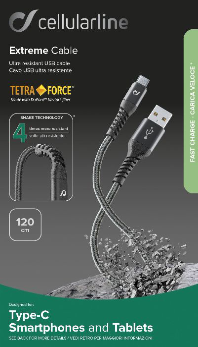 Verpackung für ein USB-C-Kabel mit stilisiertem Bild des Kabels und eines Smartphones.