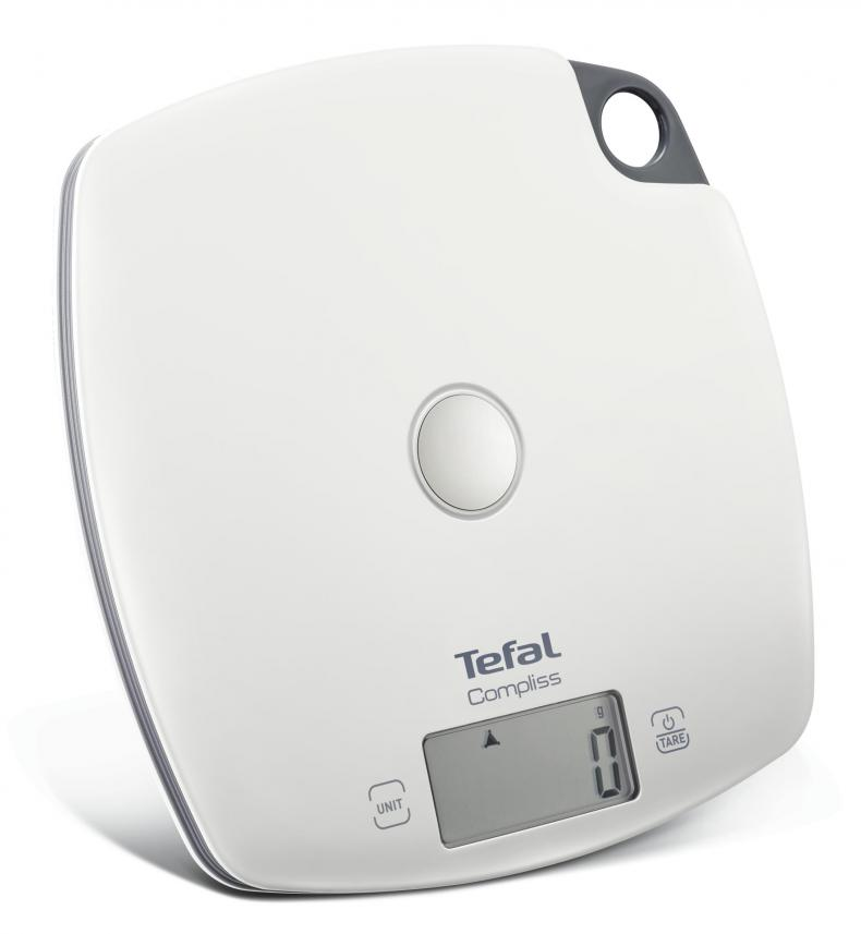 Balance numérique Tefal Compliss blanche. Affiche le poids avec fonction tare.