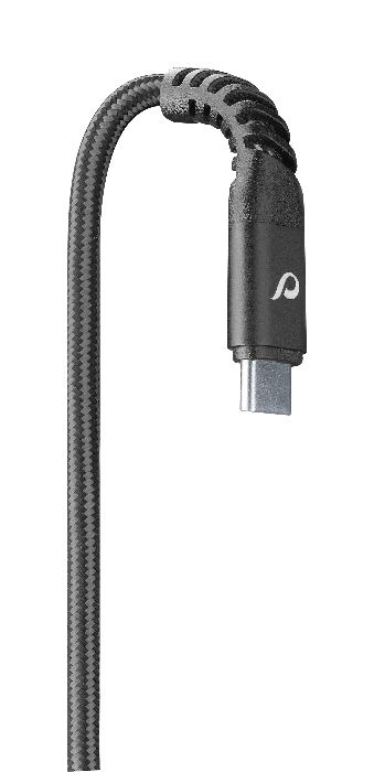 Schwarzes und graues USB-C-Kabel, gebogen, mit 'p' Logo.