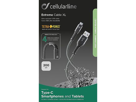 CELLULAR LINE EXTREME CABLE XL USB-C 2M BLACK - Câble de données et de charge ()