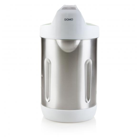 Appareil de cuisson en acier inoxydable avec un dessus blanc. La marque est DOMO. Fond blanc.