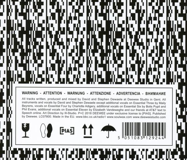 Zwart-wit barcode patroon met waarschuwingstekst. Een wit label met tekst en symbolen staat in het midden.