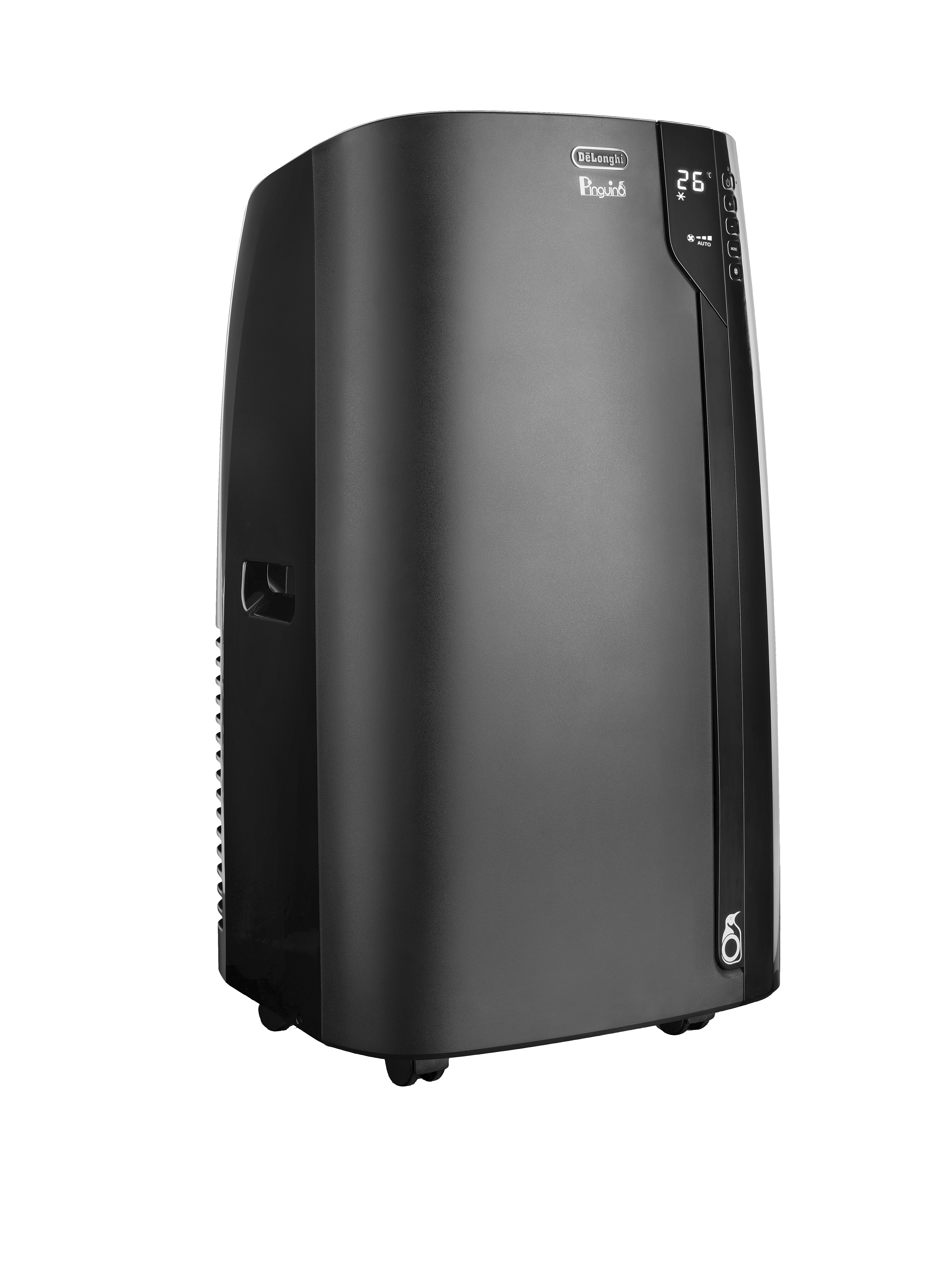 Zwarte draagbare airconditioner van De'Longhi Pinguino. Digitale display (26 graden) en wielen voor mobiliteit.