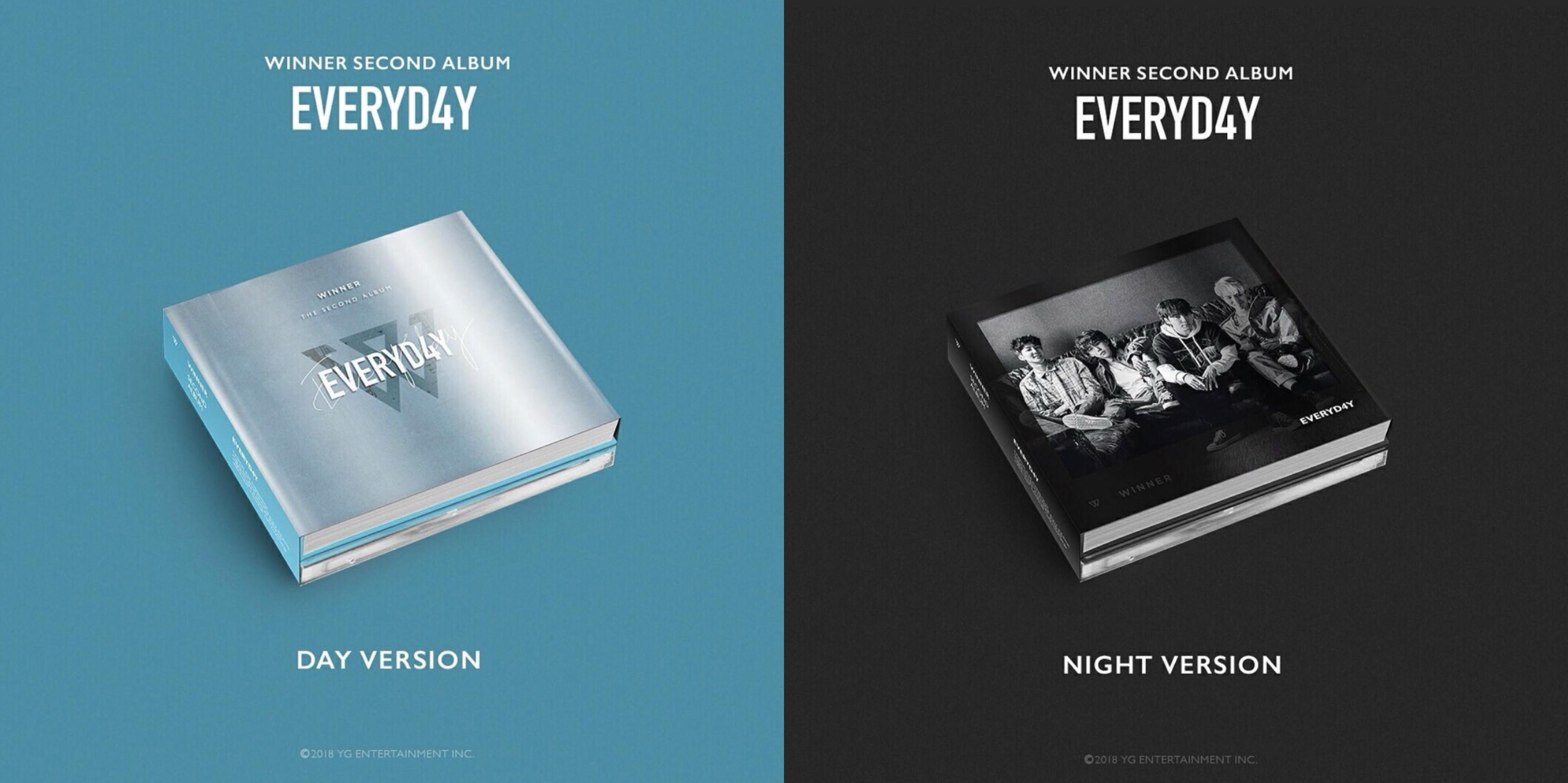 Twee versies van het album EVERYd4y van WINNER. Eén blauwe dagversie en één zwart-witte nachtversie.