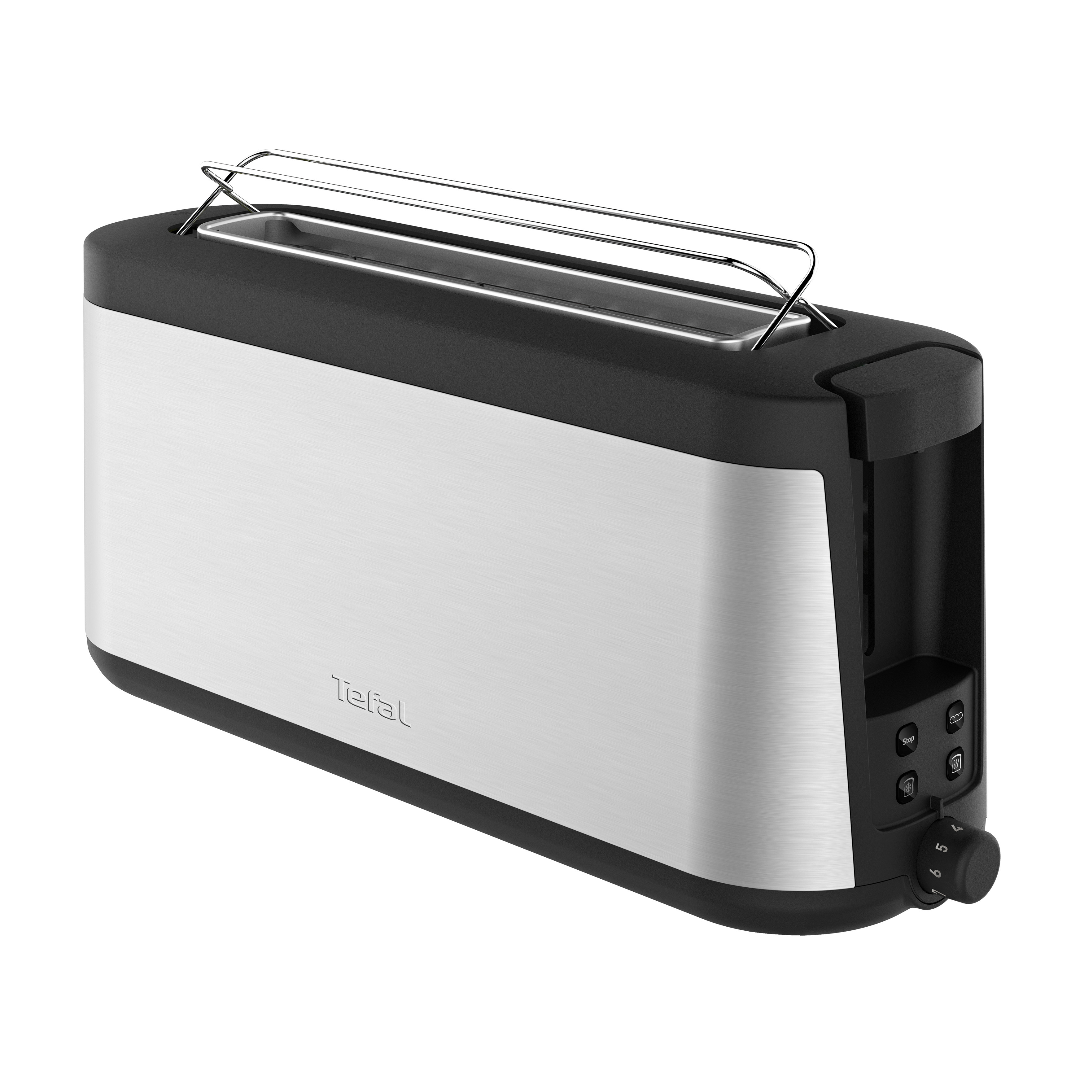 Silber-schwarzer Toaster. Es hat einen langen Schlitz für Brot.