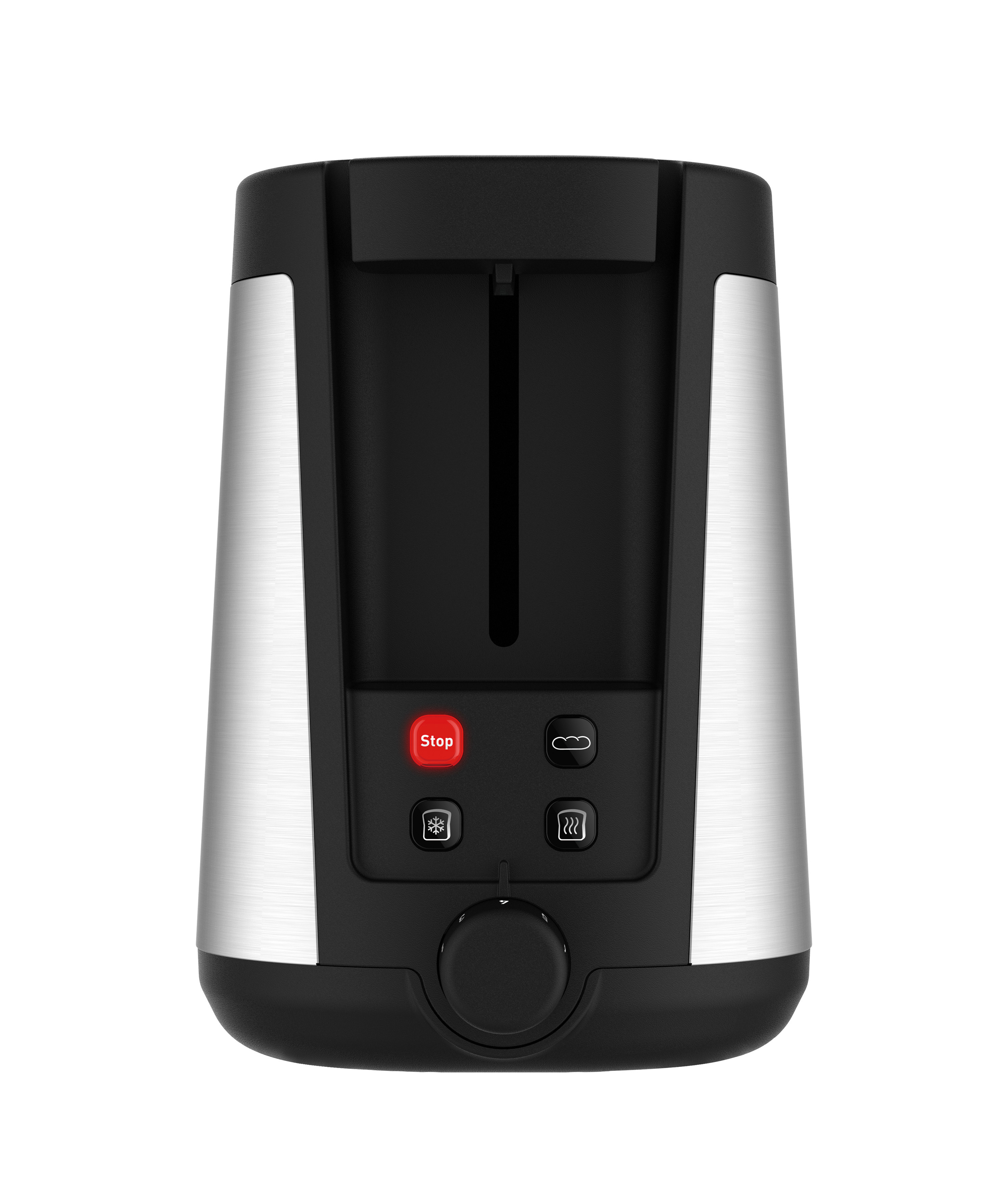 Schwarz-silberner Toaster mit Knöpfen und rotem Stopp-Knopf.