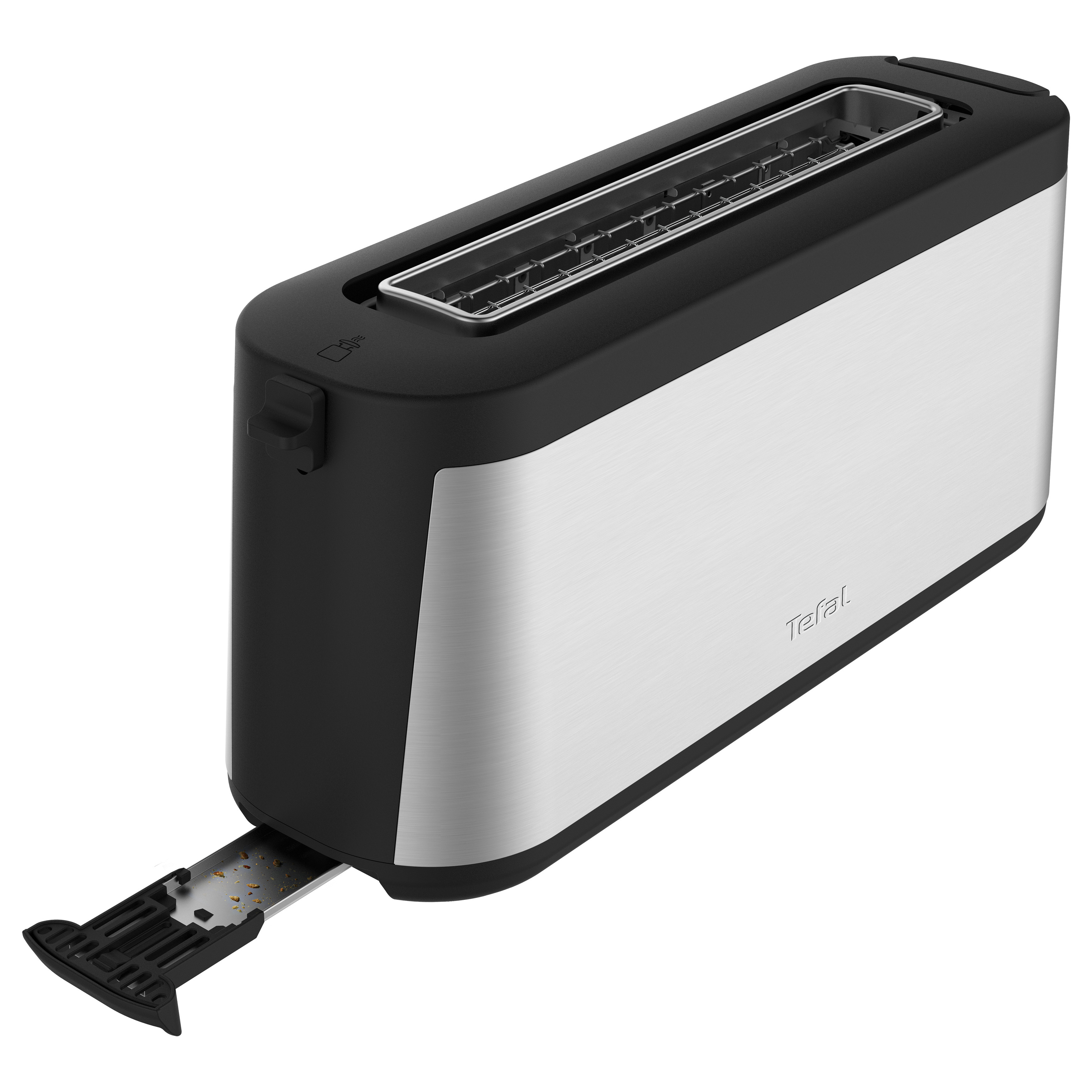 Ein silberner und schwarzer Tefal-Toaster mit teilweise herausgezogener Krümelschublade.