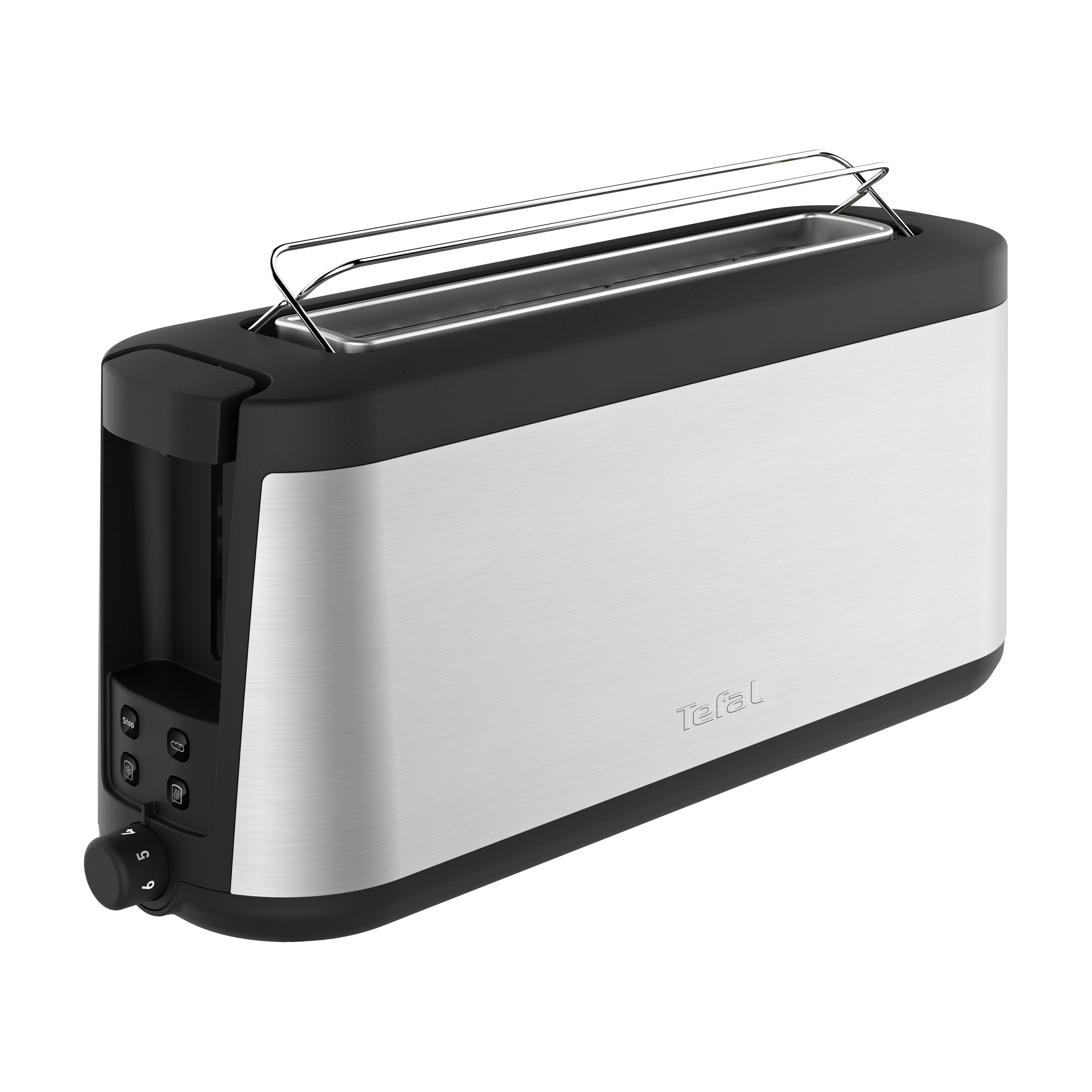 Silber-schwarzer Toaster. Der Toaster hat ein schwarzes Bedienfeld und einen Hebel.