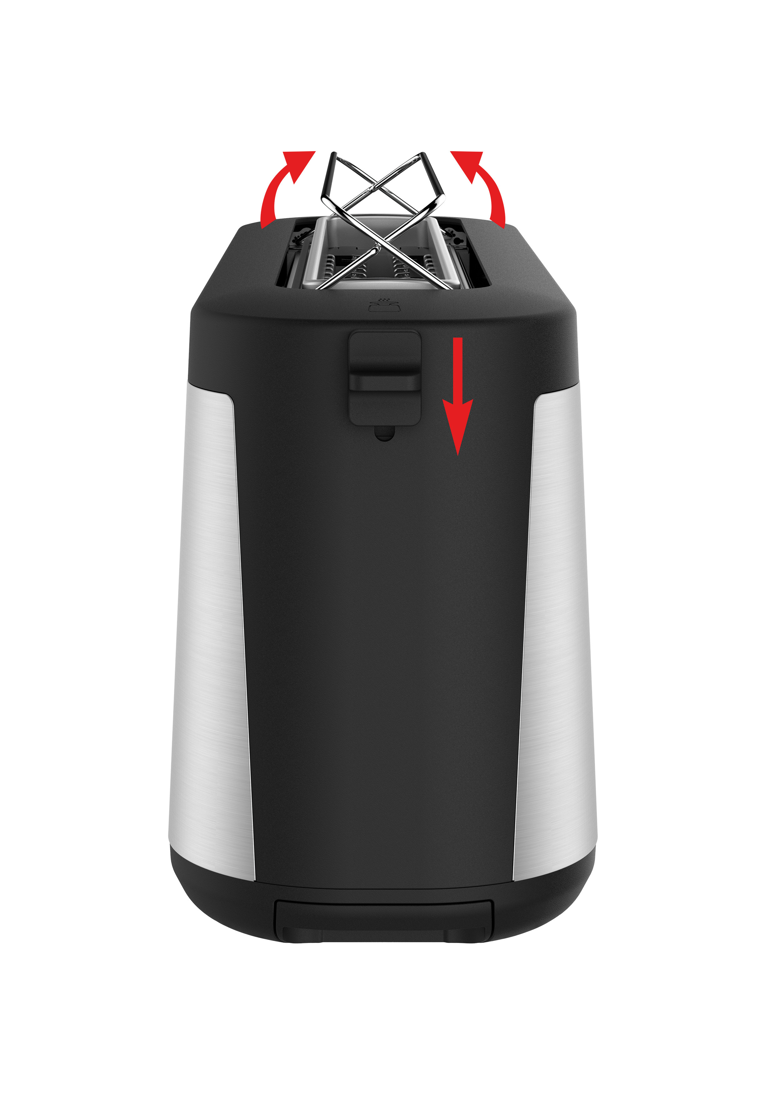 Schwarzer und silberner Toaster mit geöffneter Oberseite und roten Pfeilen. Weißer Hintergrund.