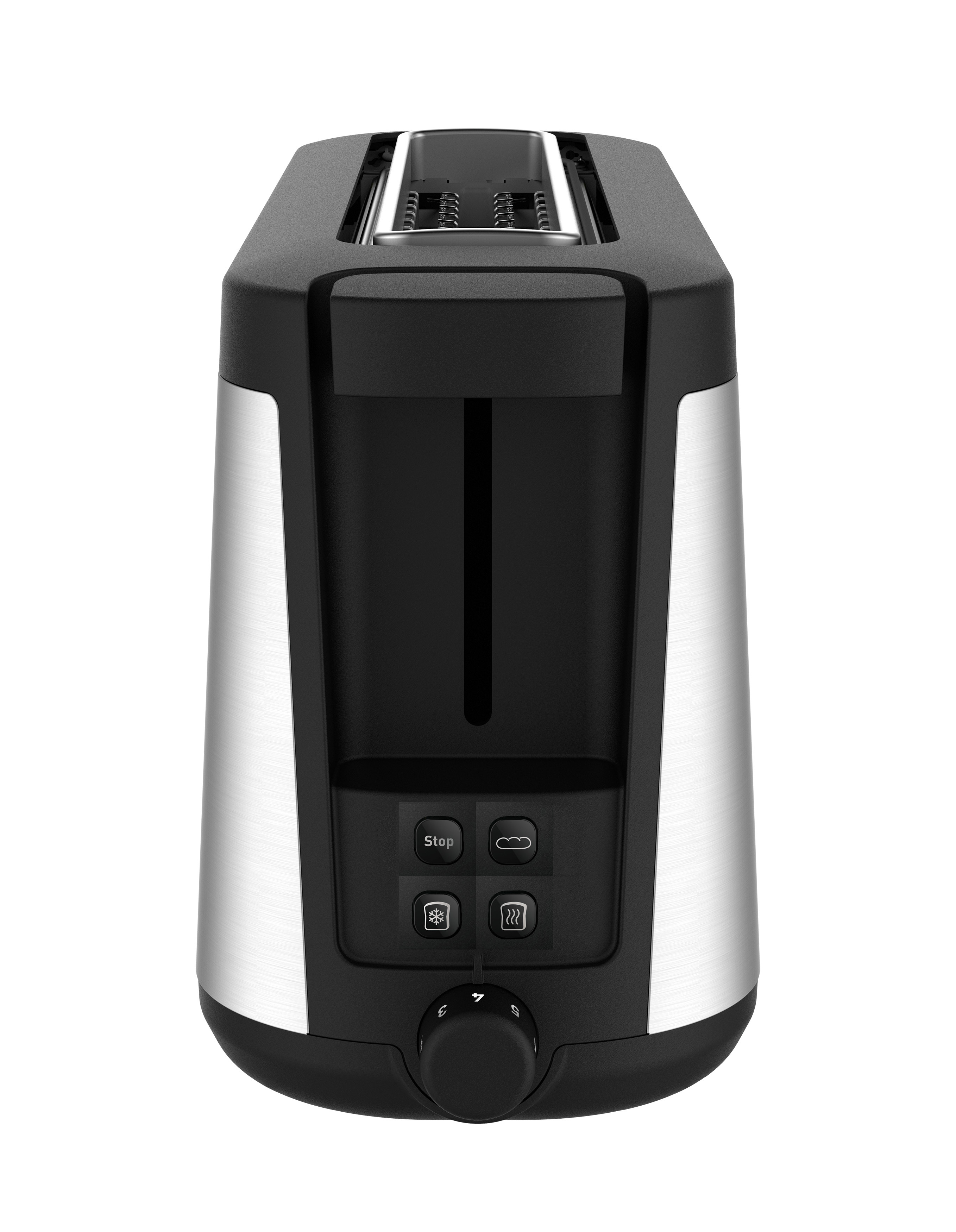 Silber-schwarzer Toaster mit Knöpfen. Zwei Schlitze für Brot.