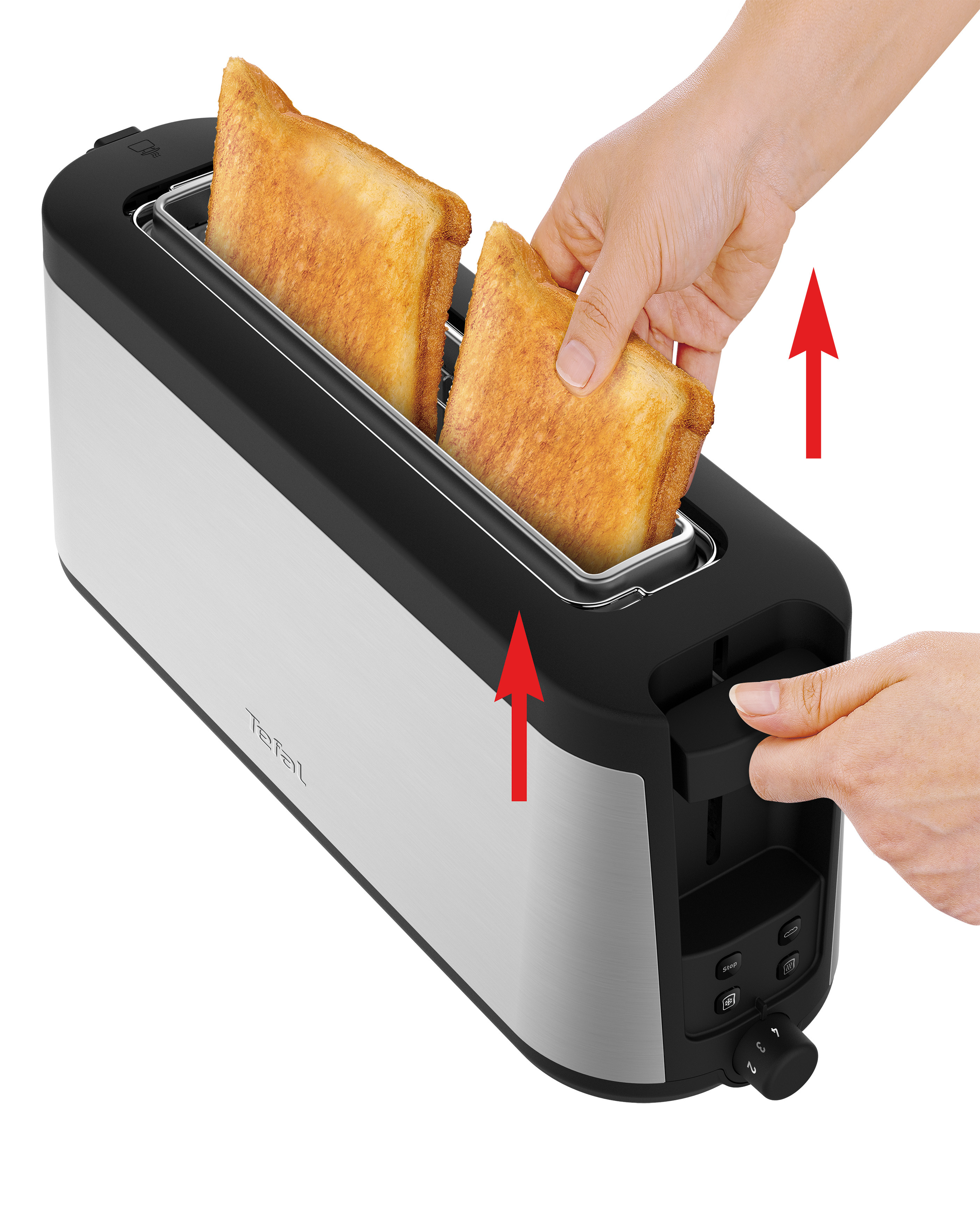 Toaster mit zwei Toastscheiben, die von Händen entfernt werden.