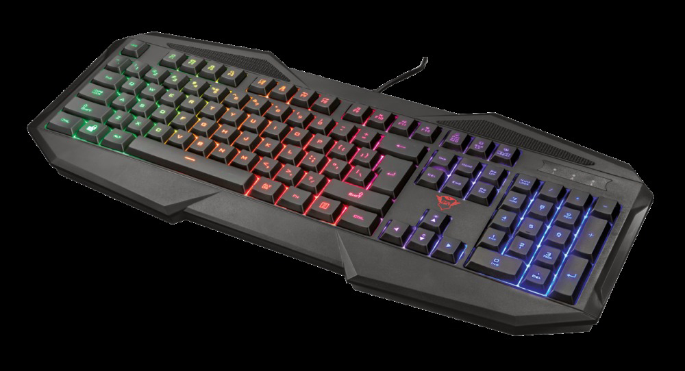 Schwarze Gaming-Tastatur mit mehrfarbiger LED-Hintergrundbeleuchtung. Die Tasten sind gut sichtbar.