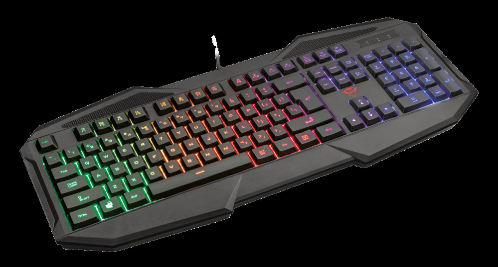 Schwarze Gaming-Tastatur mit bunten LED-Lichtern und zahlreichen Tasten auf schwarzem Hintergrund.