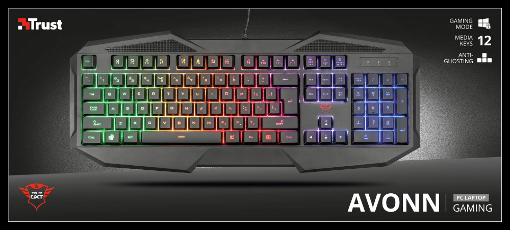 Schwarze Gaming-Tastatur mit regenbogenfarbenen Tasten.