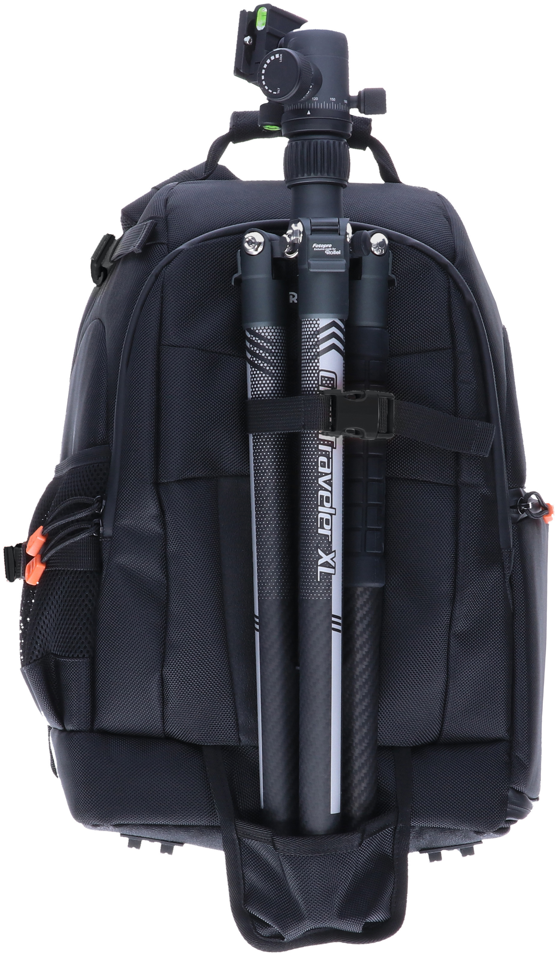 Schwarzer Rucksack mit befestigtem Stativ, mit Riemen und einer Netztasche an der Seite.