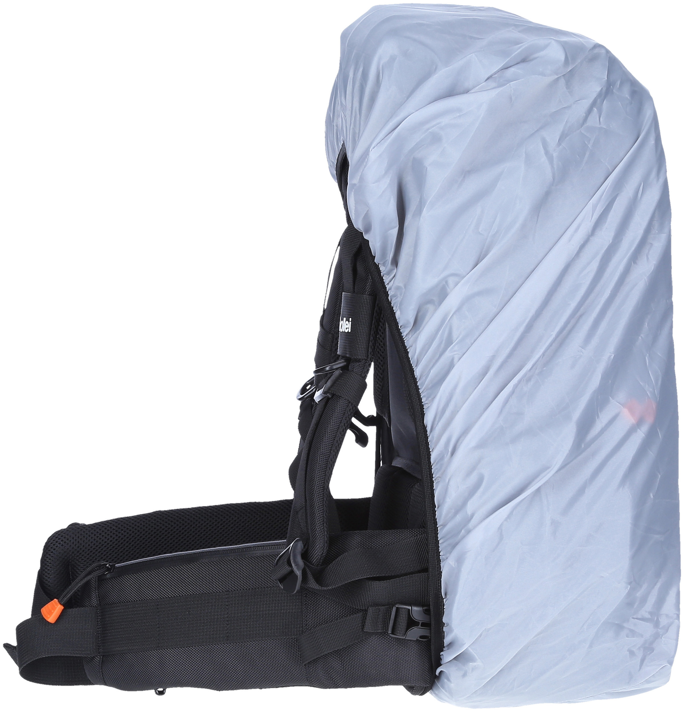Ein schwarzer Rucksack mit einer grauen Abdeckung. Die Abdeckung befindet sich oben auf dem Rucksack.