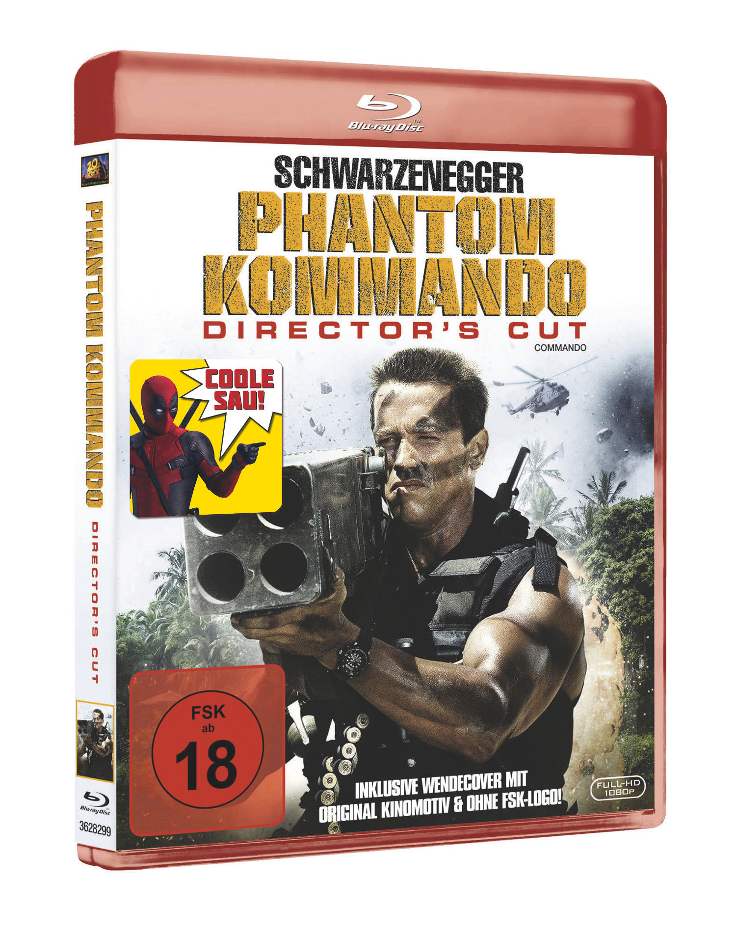 Eine rote Blu-ray-Hülle für "Commando" mit Arnold Schwarzenegger, mit verschiedenen Aufklebern darauf.