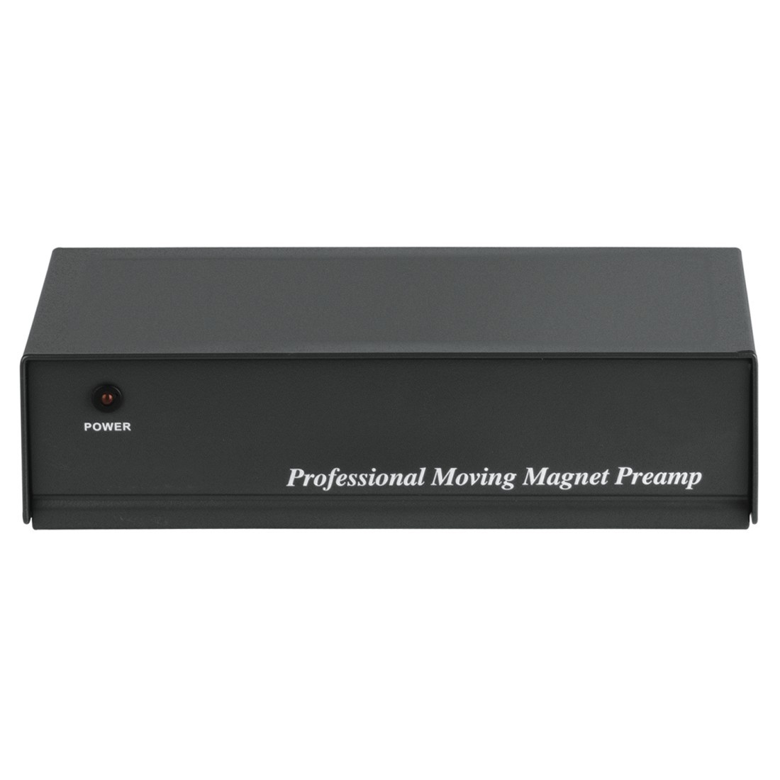 Boîte noire avec bouton d'alimentation et texte, Professional Moving Magnet Preamp.