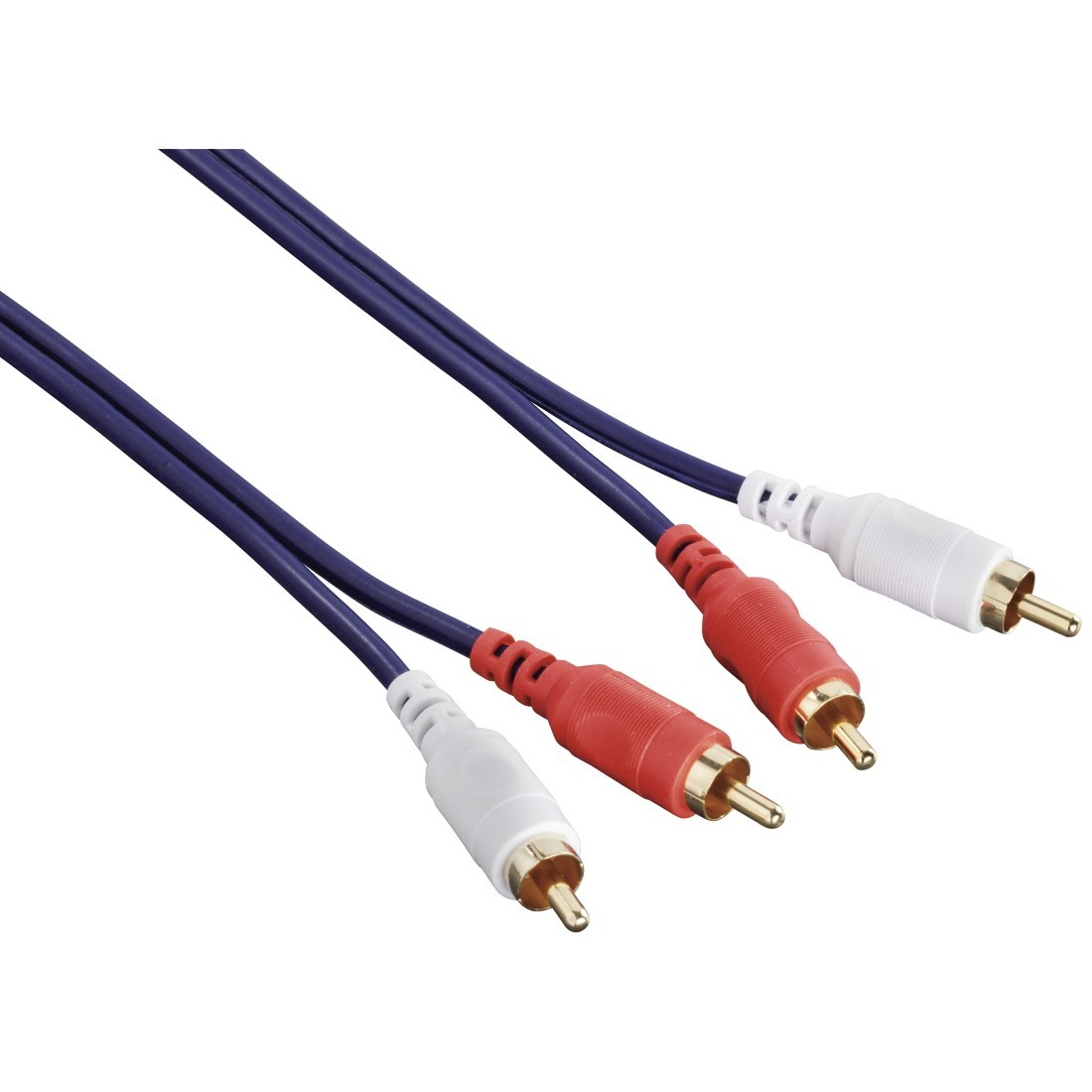 Deux câbles audio RCA. Un rouge, un blanc. Les deux ont une isolation de câble bleue et des connecteurs dorés.
